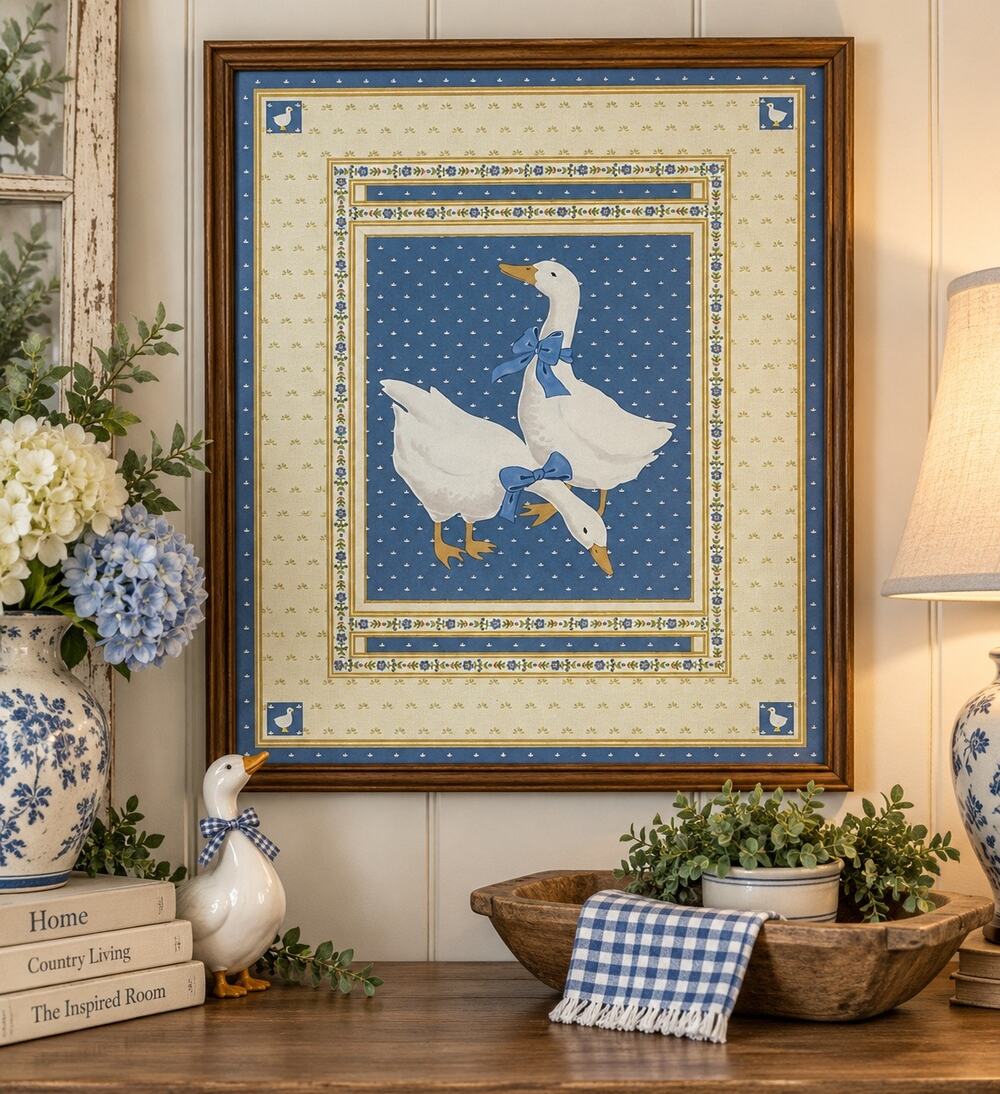 Vintage Country Goose Framed Wall Art Blue Cream Farmhouse Geese 20x25
